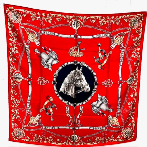 Unused Celine Paris 100% Silk Scarf Satin 34" Horse Red Blue Gold (36 - Picture 13 of 16